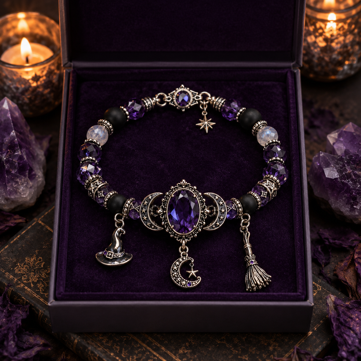 🔮 Witch’s Crystal Moon Charm Bracelet