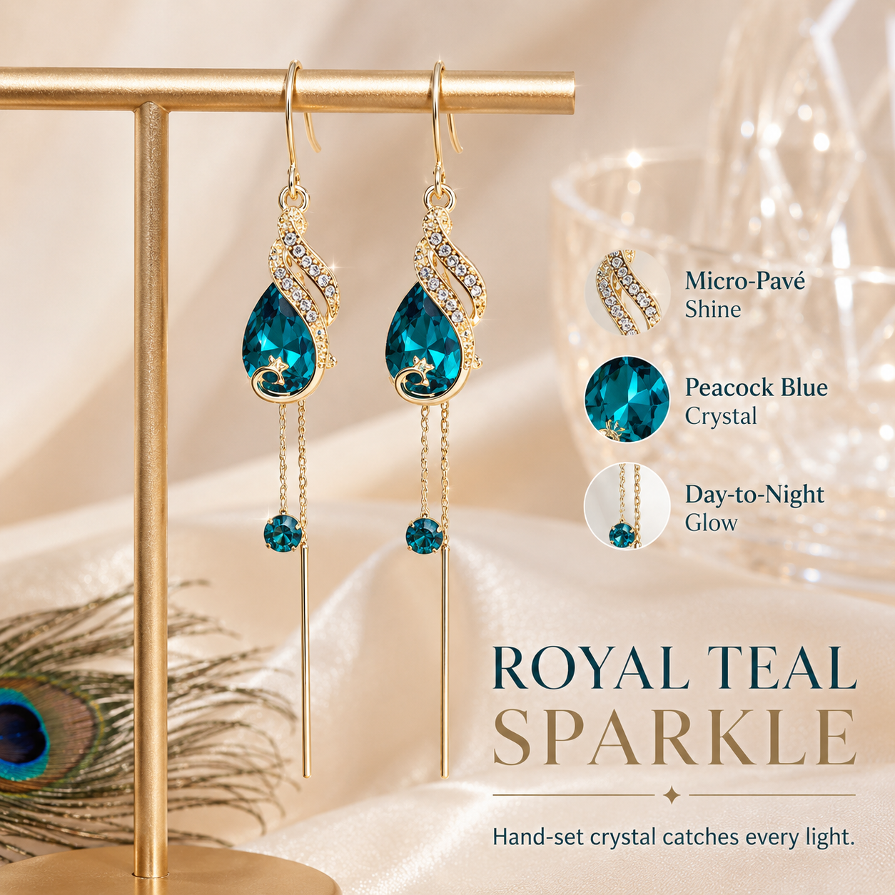 🦚 Royal Peacock Teal Crystal Tassel Earrings • Elegant Drop Earrings