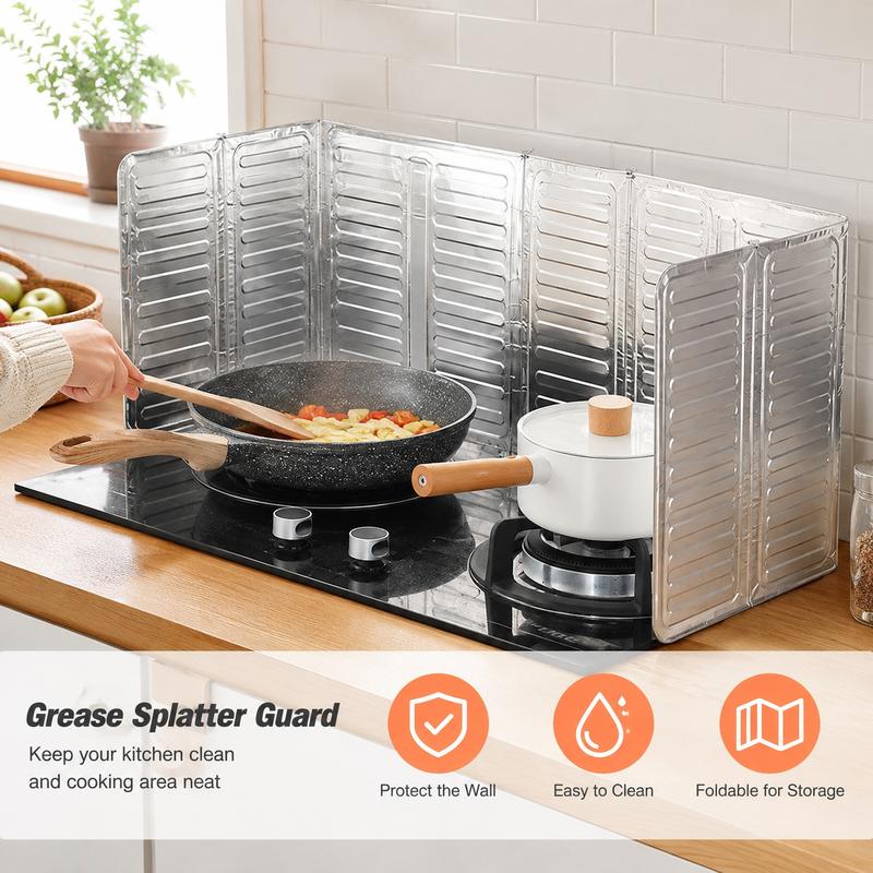 Foldable aluminum foil oil splash guard, heat-insulating and oil-proof baffle, suitable for cooking on household kitchen gas stoves, induction cookers and other cooking applications.