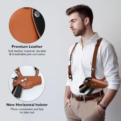 Genuine leather shoulder holster, adjustable pistol holster with double magazine pouch, compatible with various models including Glock 17/19, 1911, Taurus G2C/G3C, M&P 9, SIG P220/P226, and 92FS.