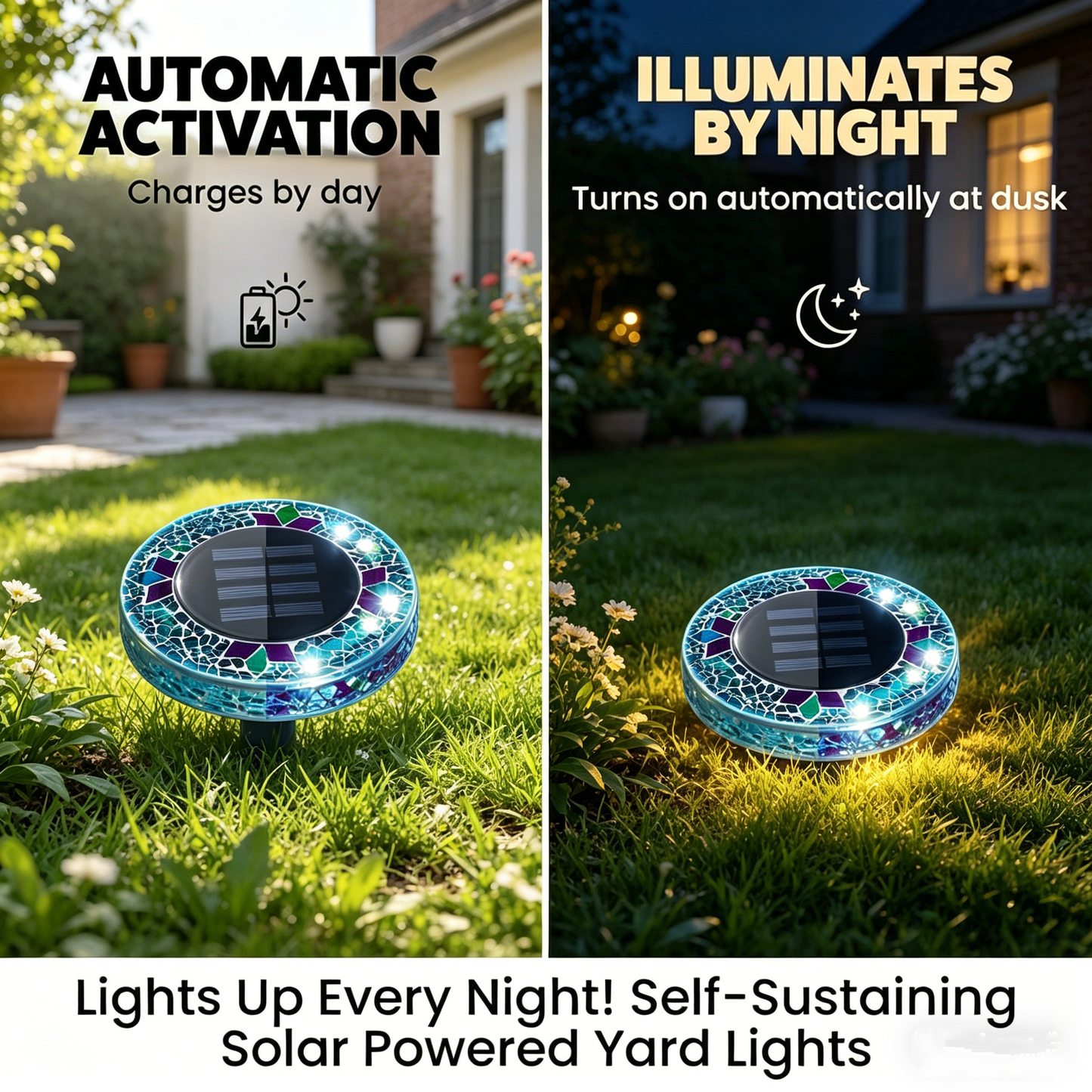 Solar Disk Lights – Handcrafted Mosaic Outdoor LED Waterproof In-Ground & Tabletop Wireless Lighting
