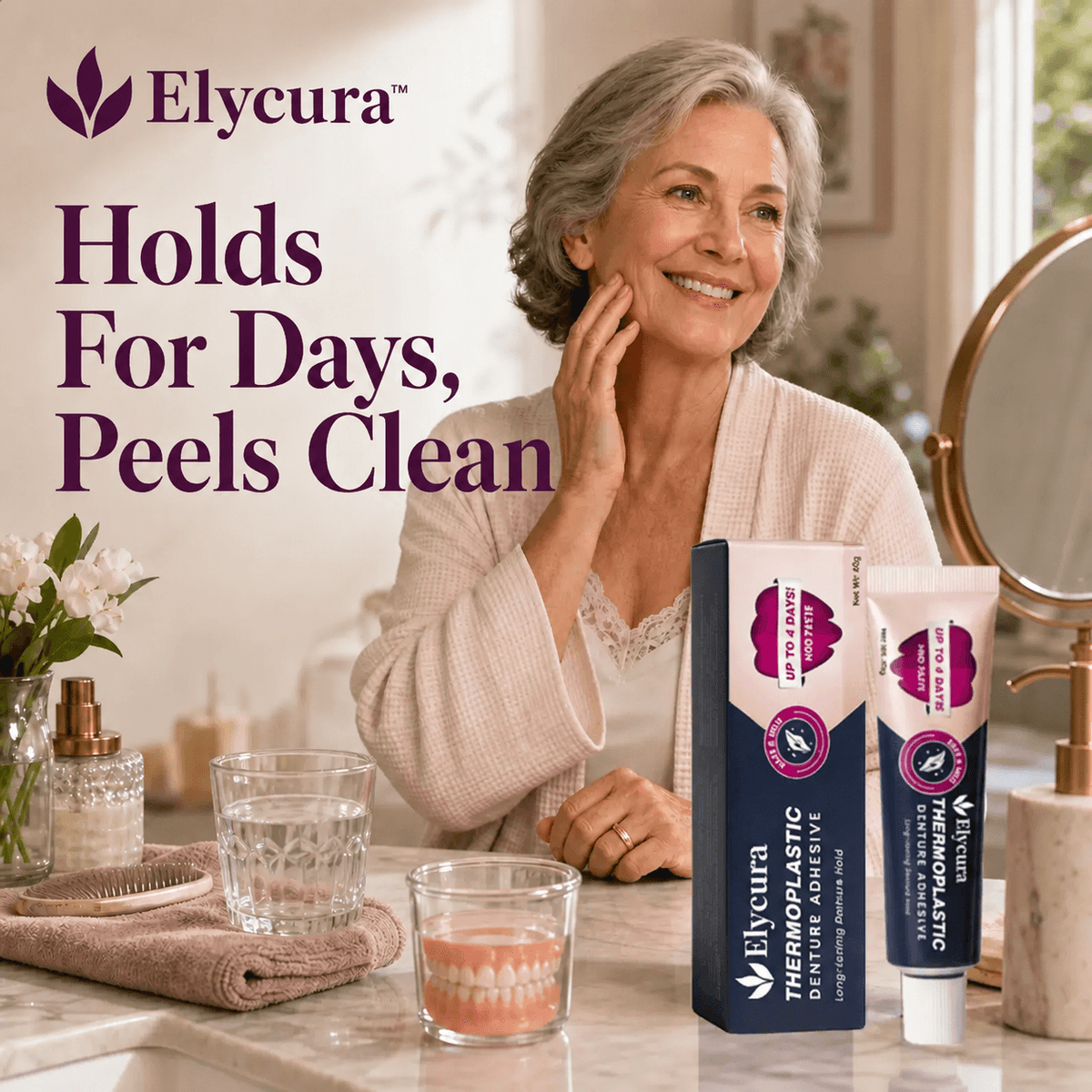 Elycura™denture adhesive- Holds for Days, Then Peels Off Clean - No Scraping