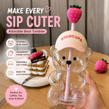 2026 New Cute Beaar Glass Tumbler with Bear Lid & Strawberry Straw, Holiday Teddy Bear Cup，20oz Reusable Aesthetic Teddy Bear Cup for Iced Coffee, Boba Milk Tea, Matcha, Juice, Smoothies & Cold Drinks, Dishwasher Safe