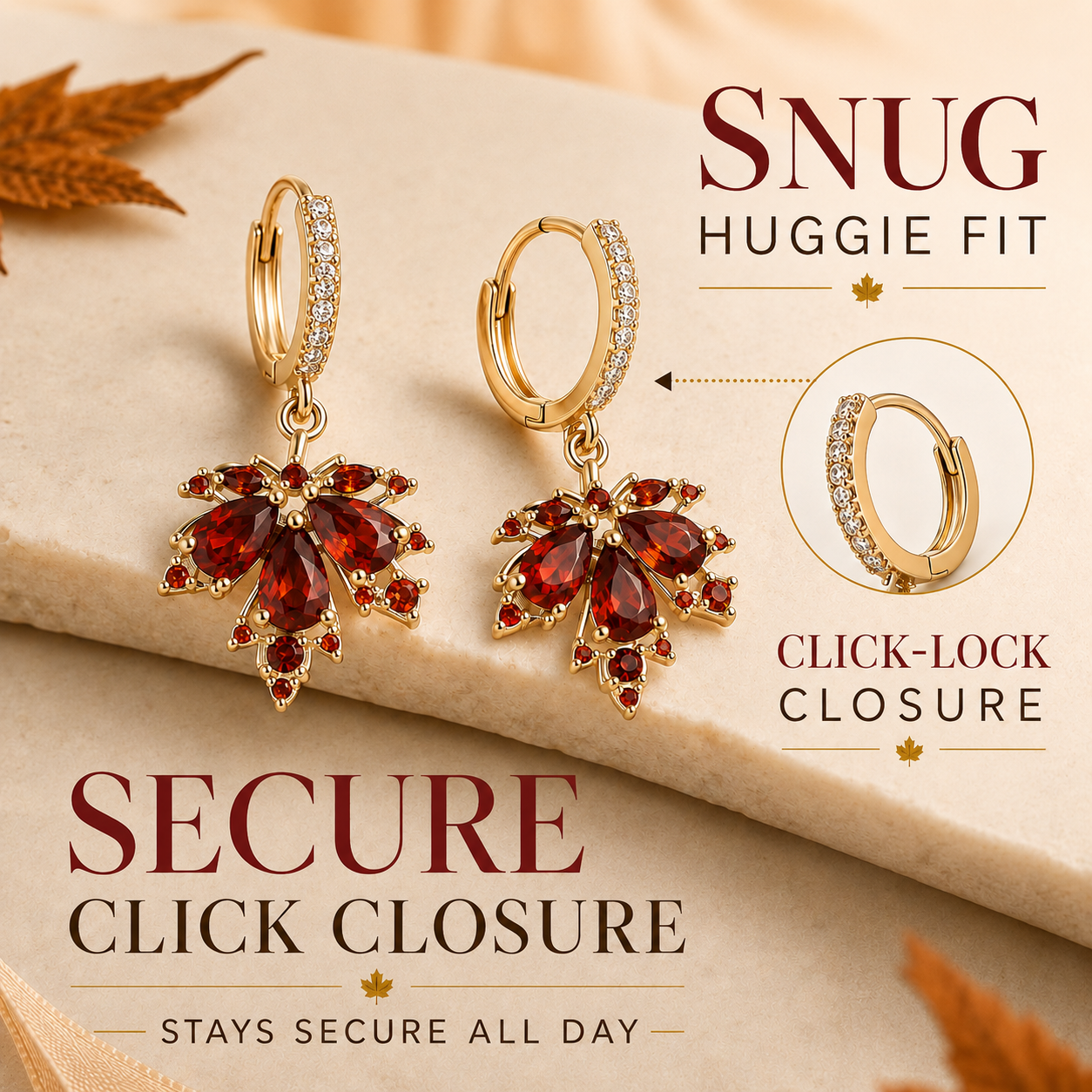 🍁 Autumn Glow: Crystal Maple Leaf Drop Earrings in Gold Finish