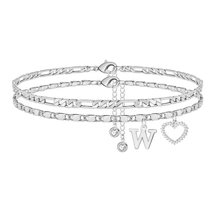 🎁 14k-Gold Plated-Double-Layer 26-Letter-Tone Chain Heart-Shaped Anklet with a heart-shaped pendant