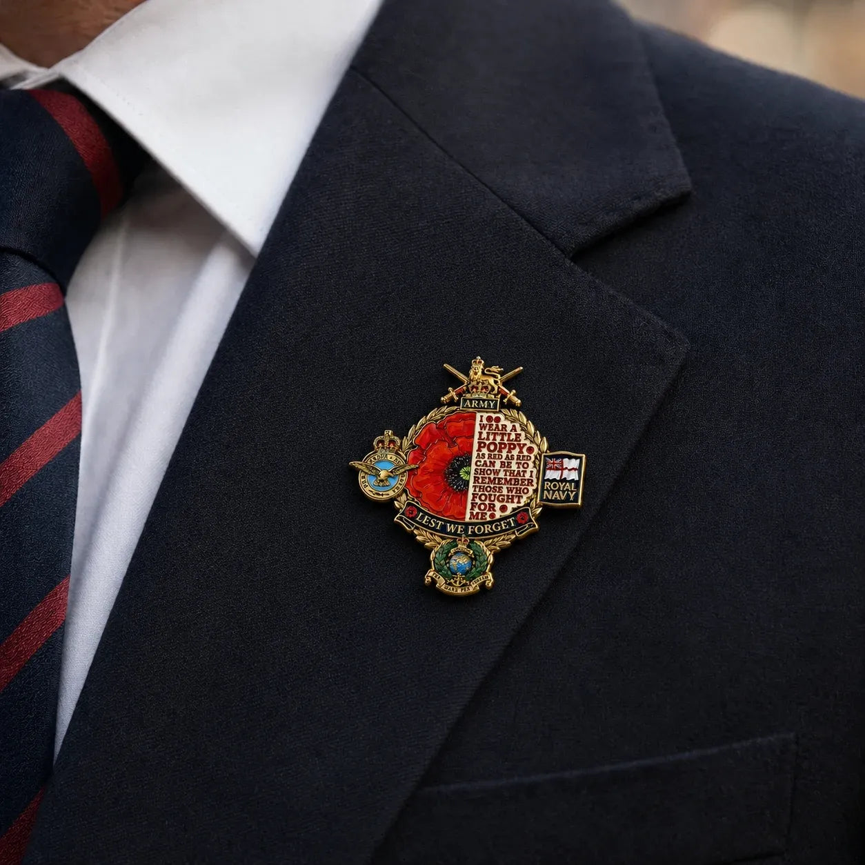 🌺 British Armed Forces “Lest We Forget” Remembrance Poppy Badge | 3.5-Inch 3D Metal Tribute with Army, Navy, RAF & Royal Marines-Inspired Details 🎖️