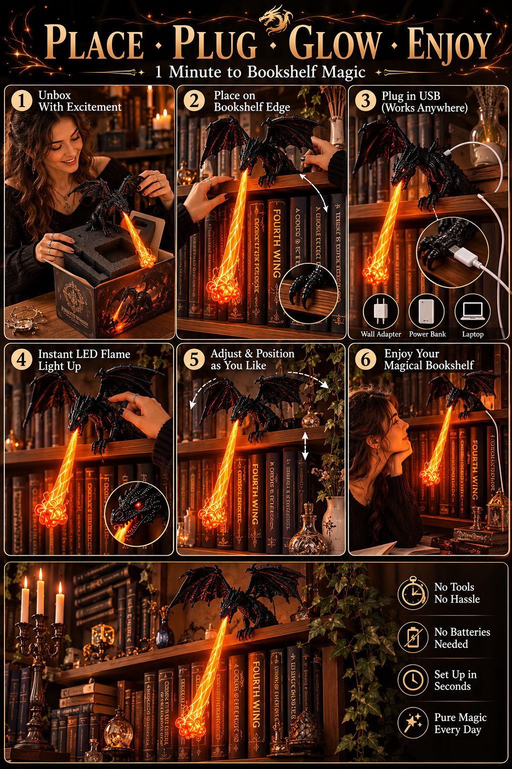 Fire-Breathing Dragon LED Sculpture | Fantasy Bookshelf & Desk Decor