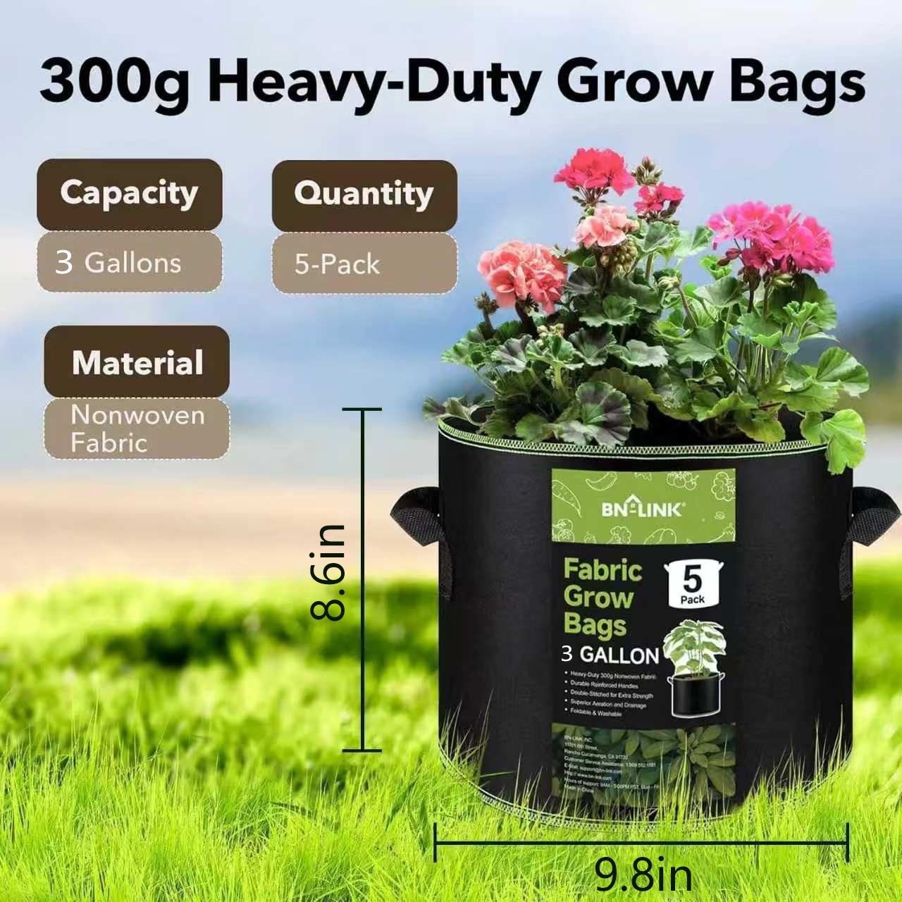 🔥🔥BN-LINK 5-Pack 3 Gallon Grow Bags