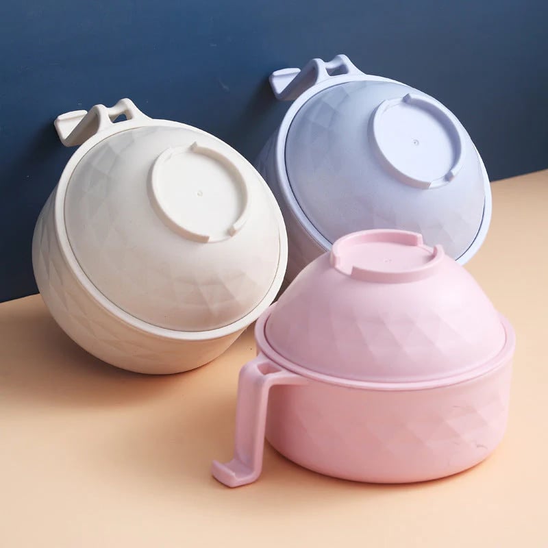 ✨ Stoneware-Inspired Diamond-Faceted Ramen Bowl Set | 40oz Microwave-Safe Ramen Maker with Built-in Drain & Utensils 🍜