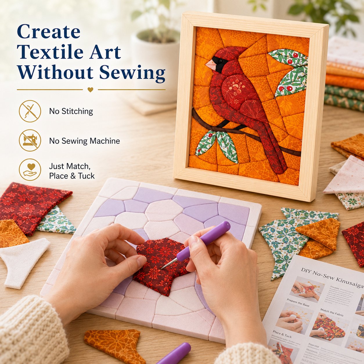 🧵 No-Sew Kinusaiga Fabric Art Kit – DIY Fabric Tucking Wall Art with Frame & Tools