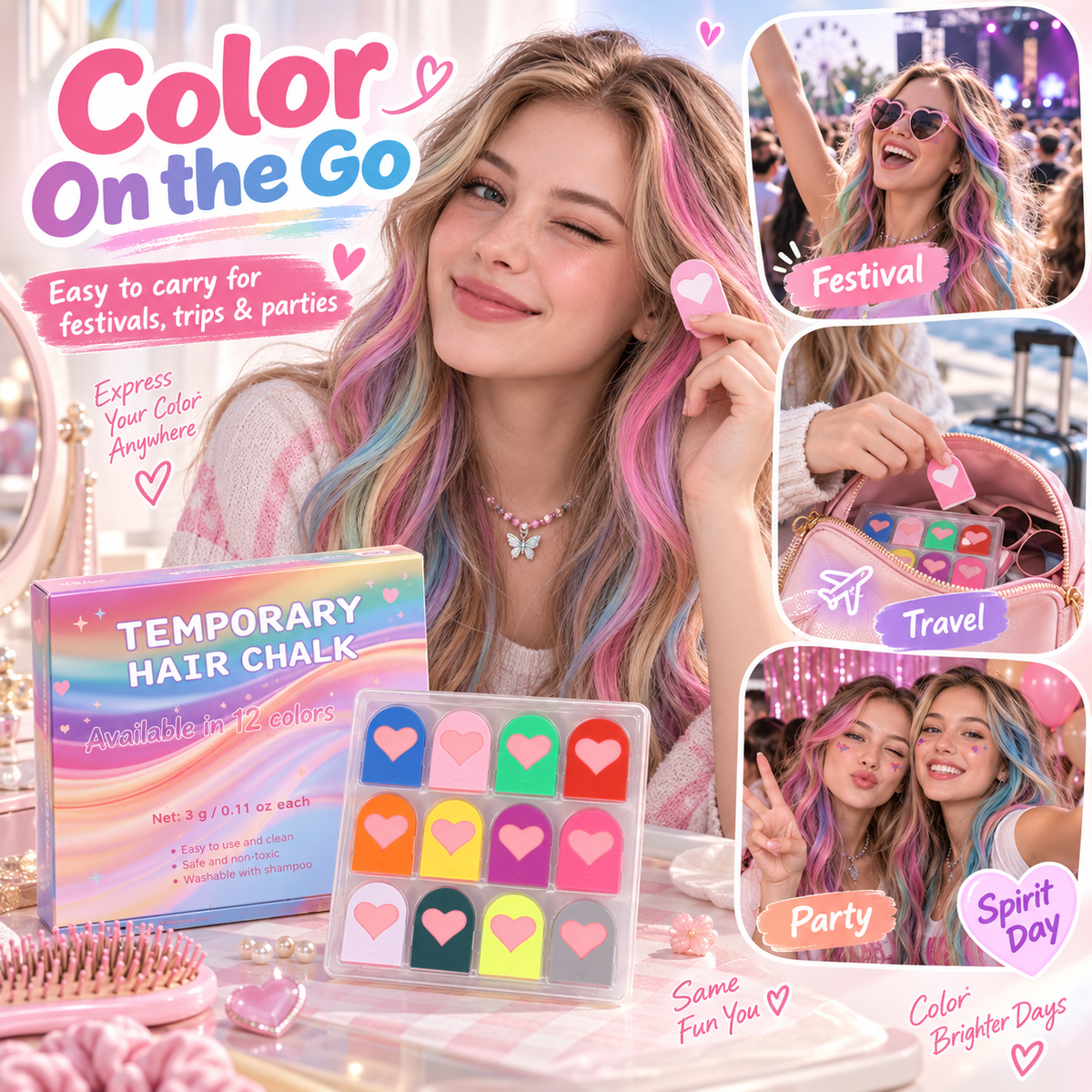 🎨 12-Color Temporary Hair Chalk Comb 🌈