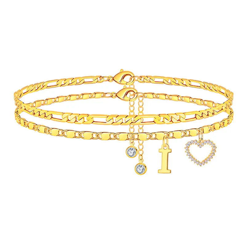 🎁 14k-Gold Plated-Double-Layer 26-Letter-Tone Chain Heart-Shaped Anklet with a heart-shaped pendant