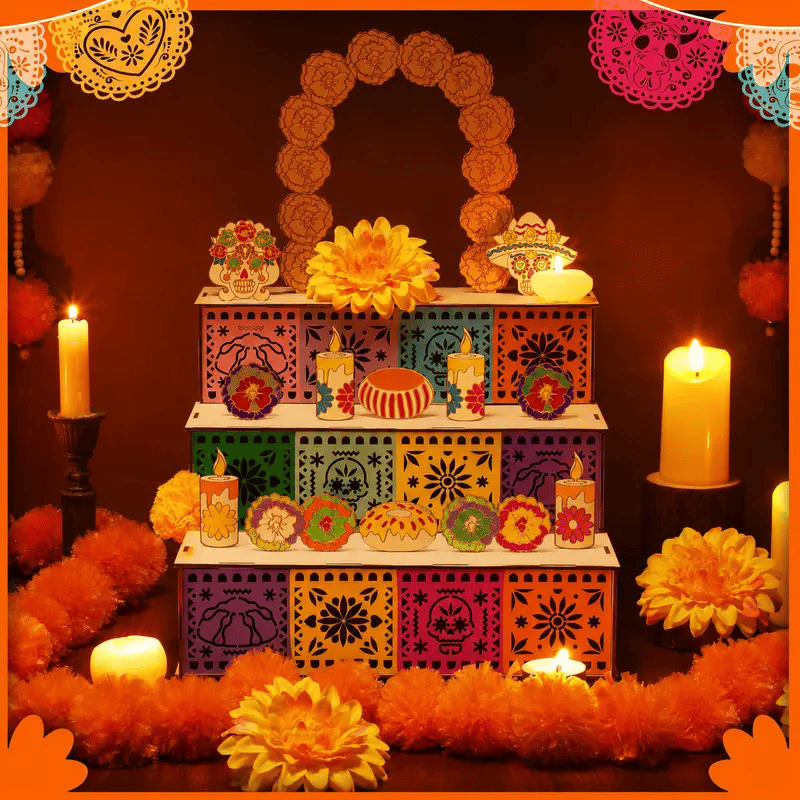 Day of the Dead Wooden Altar Display Set — 3-Tier Ofrenda Centerpiece (Buy 2, Free Shipping)