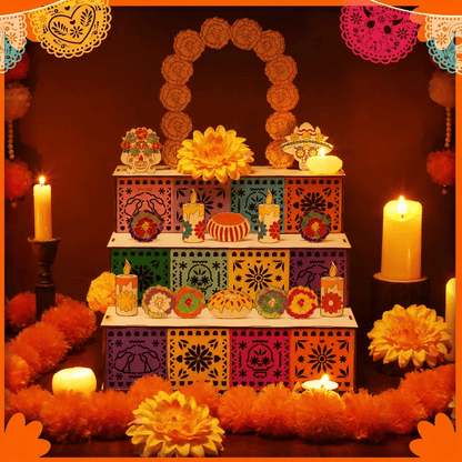 Day of the Dead Wooden Altar Display Set — 3-Tier Ofrenda Centerpiece (Buy 2, Free Shipping)