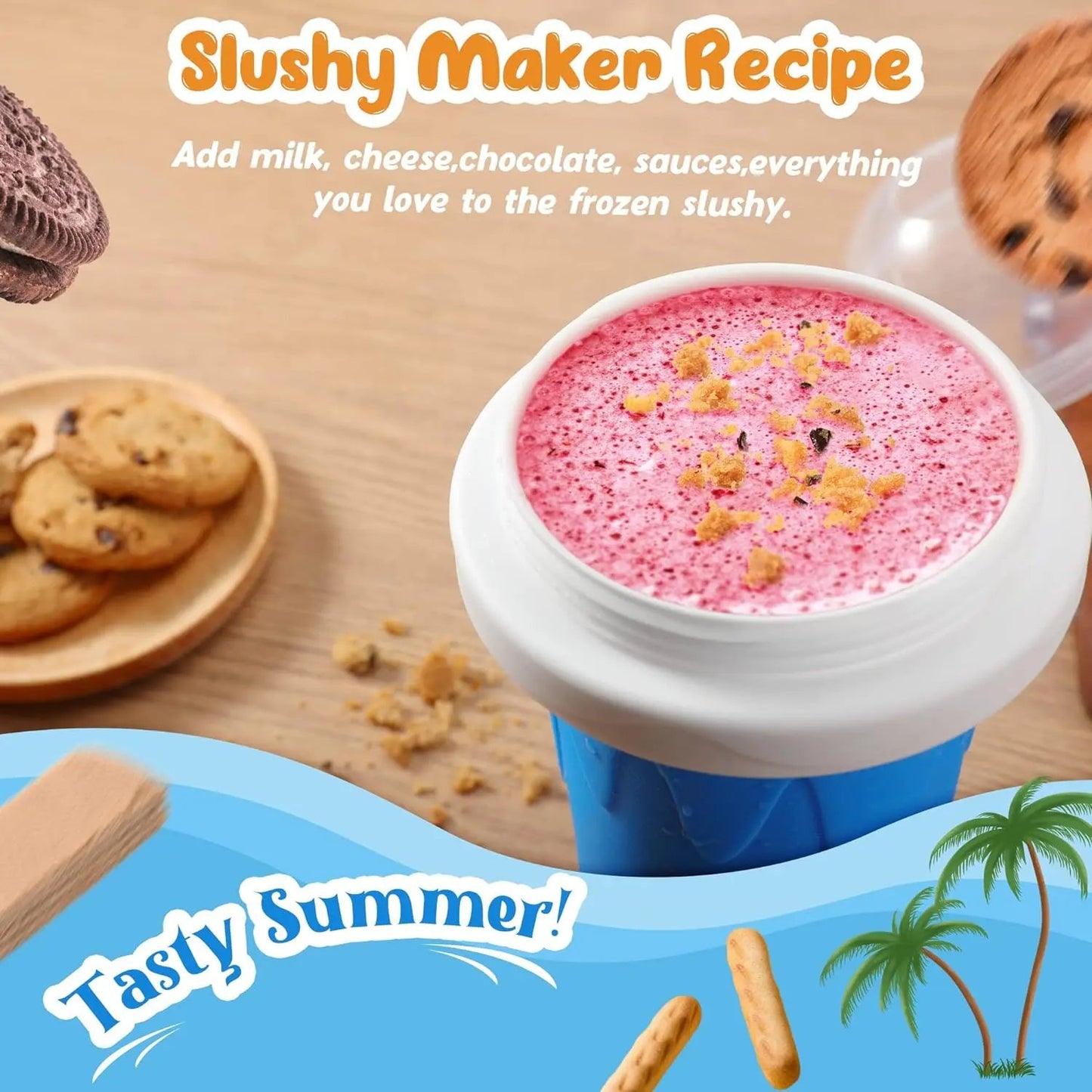 Slushy Cup, Freeze, Squeeze and Enjoy! Slushie Magic Cup, Homemade DIY Gadget with Lid & Straw Spoon 350ML, Washable, BPA free