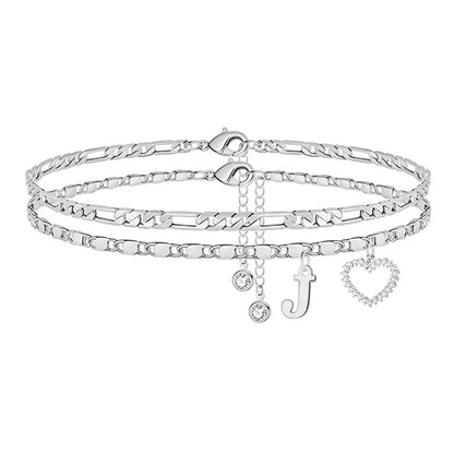 🎁 14k-Gold Plated-Double-Layer 26-Letter-Tone Chain Heart-Shaped Anklet with a heart-shaped pendant