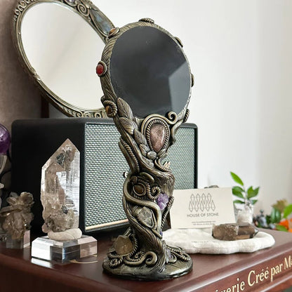 🔮 Handmade Black Obsidian Scrying Mirror – Crystal Chakra Altar Tool