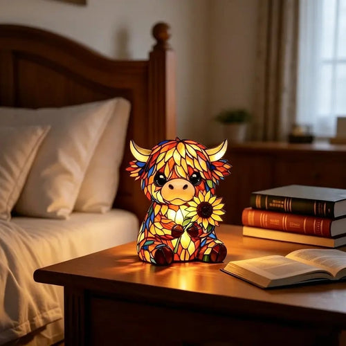 ✨ Creative Highland Cow LED Night Light, Home Cartoon Animal Resin Figurine