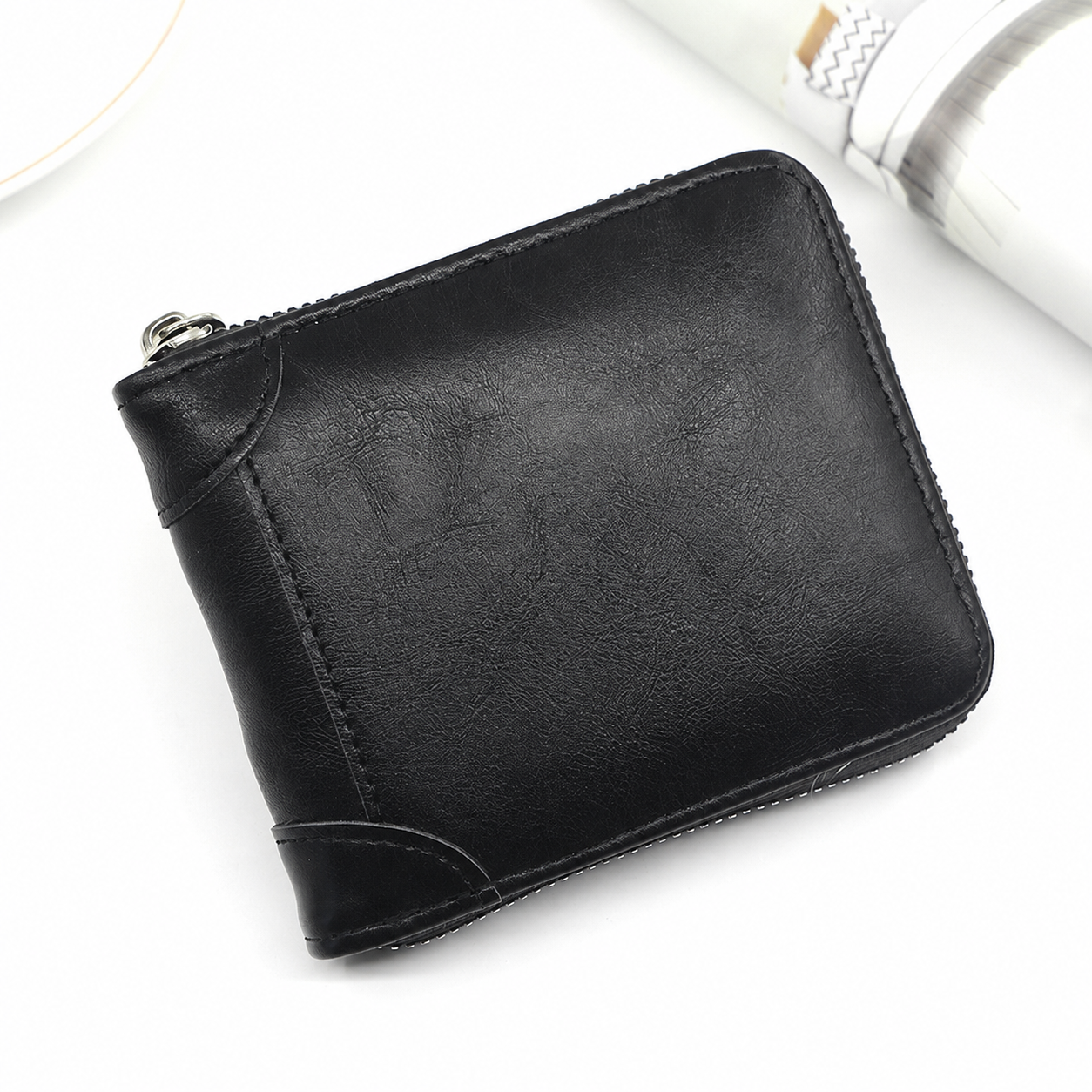 💼 Men Retro PU Leather Zip Wallet, Bifold Card Coin Purse