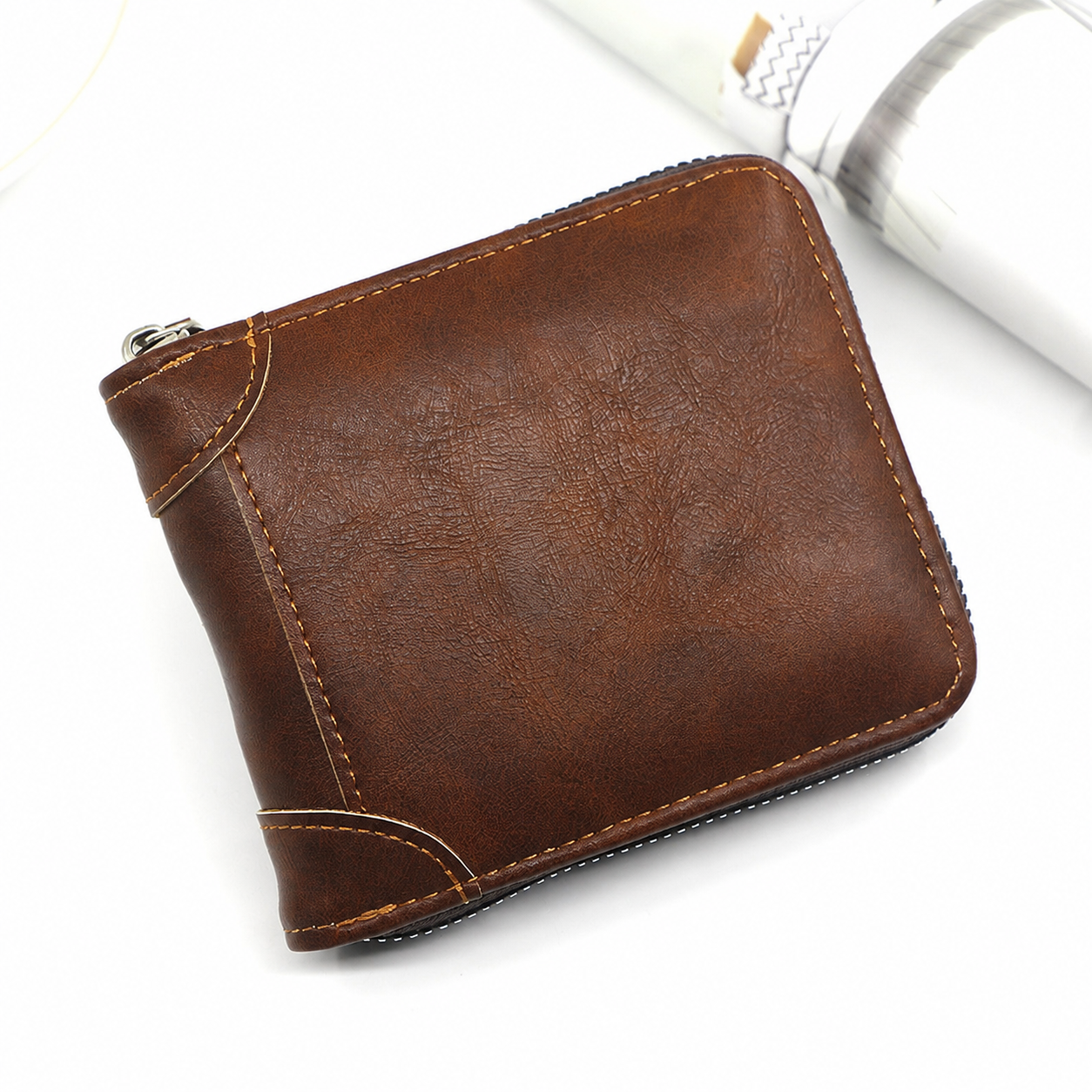 💼 Men Retro PU Leather Zip Wallet, Bifold Card Coin Purse