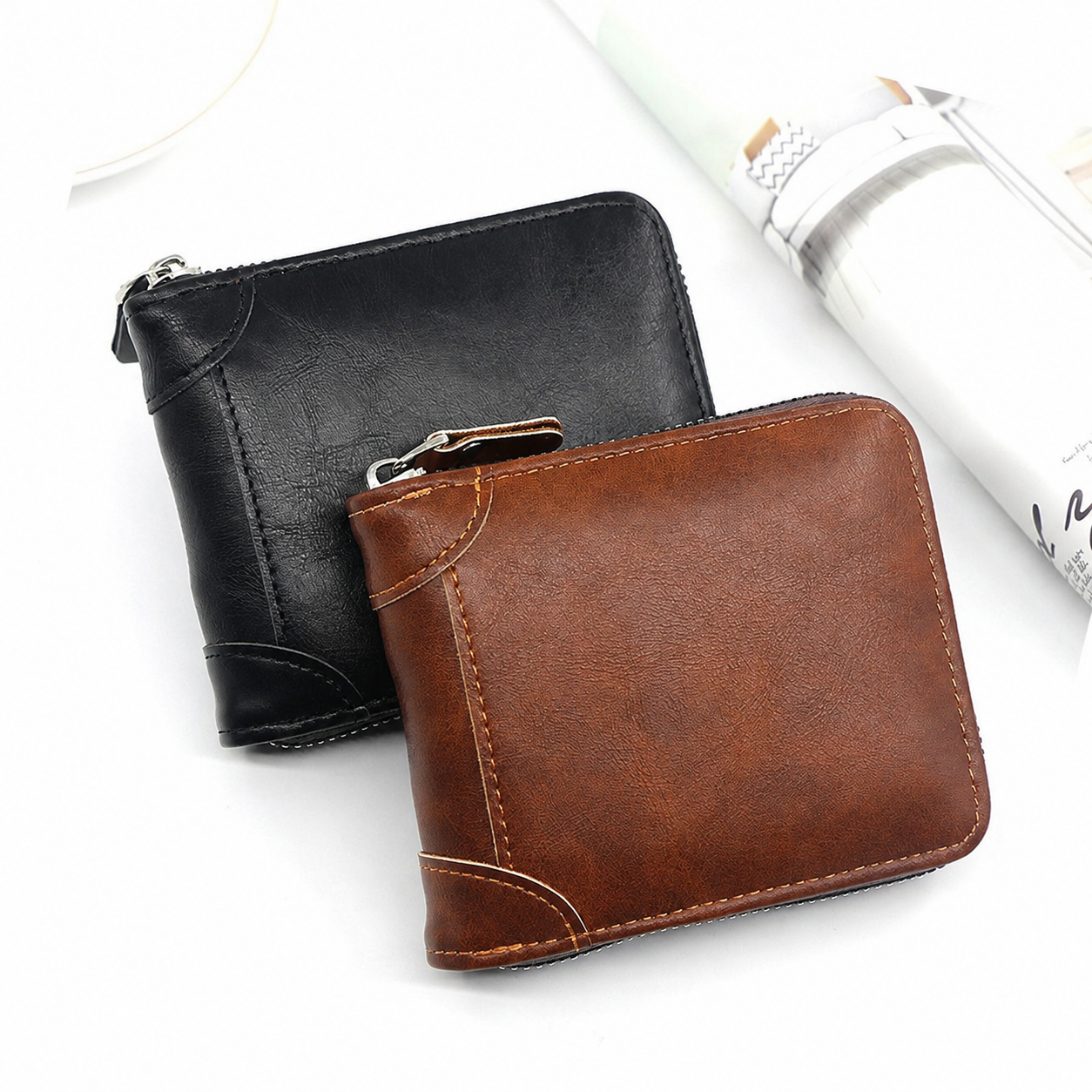 💼 Men Retro PU Leather Zip Wallet, Bifold Card Coin Purse