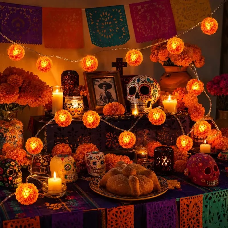 🎃 3M Day of the Dead Marigold String Lights, 20 LED Cempasuchil Flower Garland