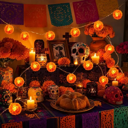 🔥Last Day 49% OFF -🏵️💀 Mexican Marigold Flower String Lights | 💕Death is not the end of life, forgetting is