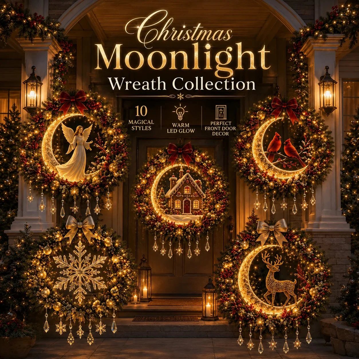 ✨ Christmas Moonlight Wreath Collection – Lighted Holiday Door Decor