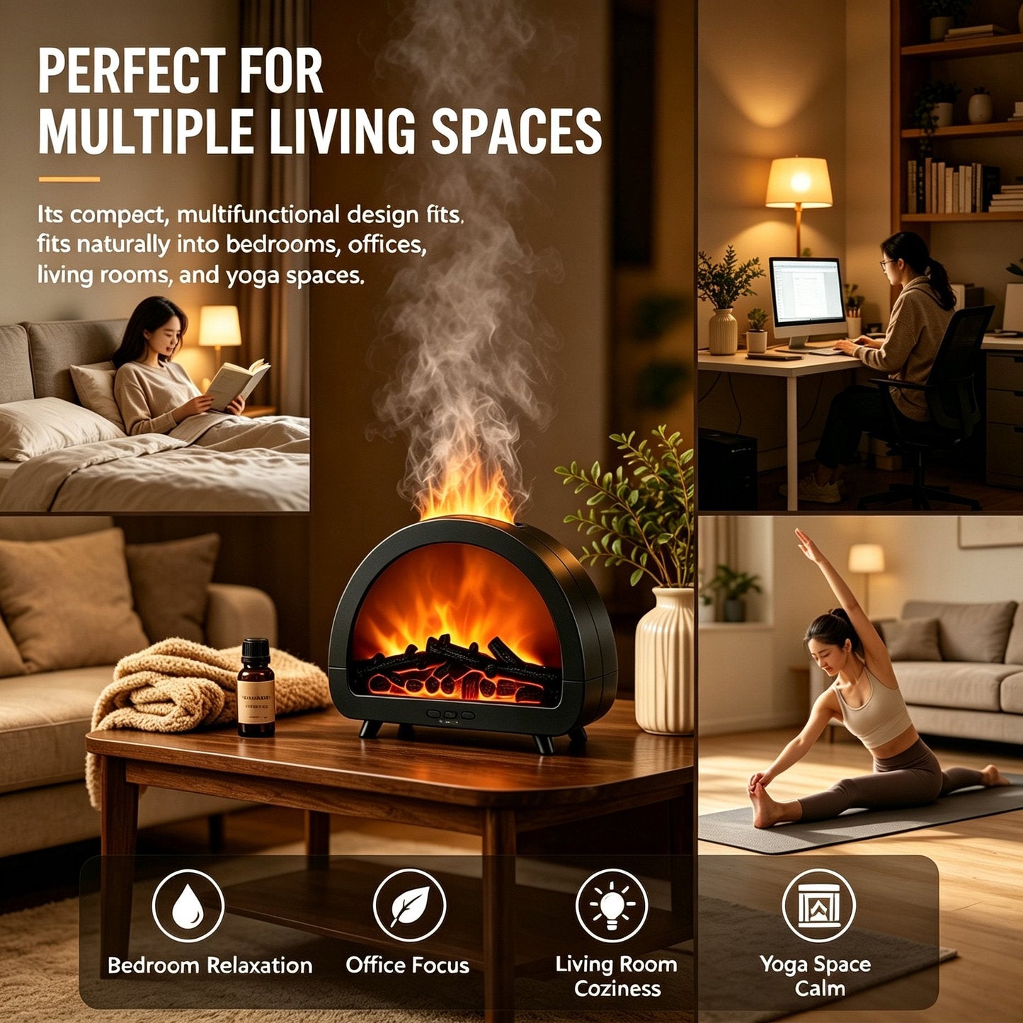 Fireplace Flame Essential Oil Diffuser - 7 Color Ultrasonic Aromatherapy Humidifier