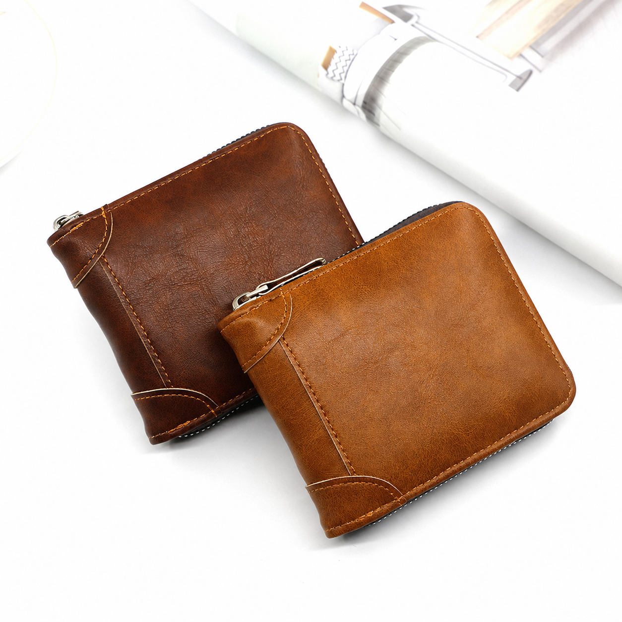 💼 Men Retro PU Leather Zip Wallet, Bifold Card Coin Purse