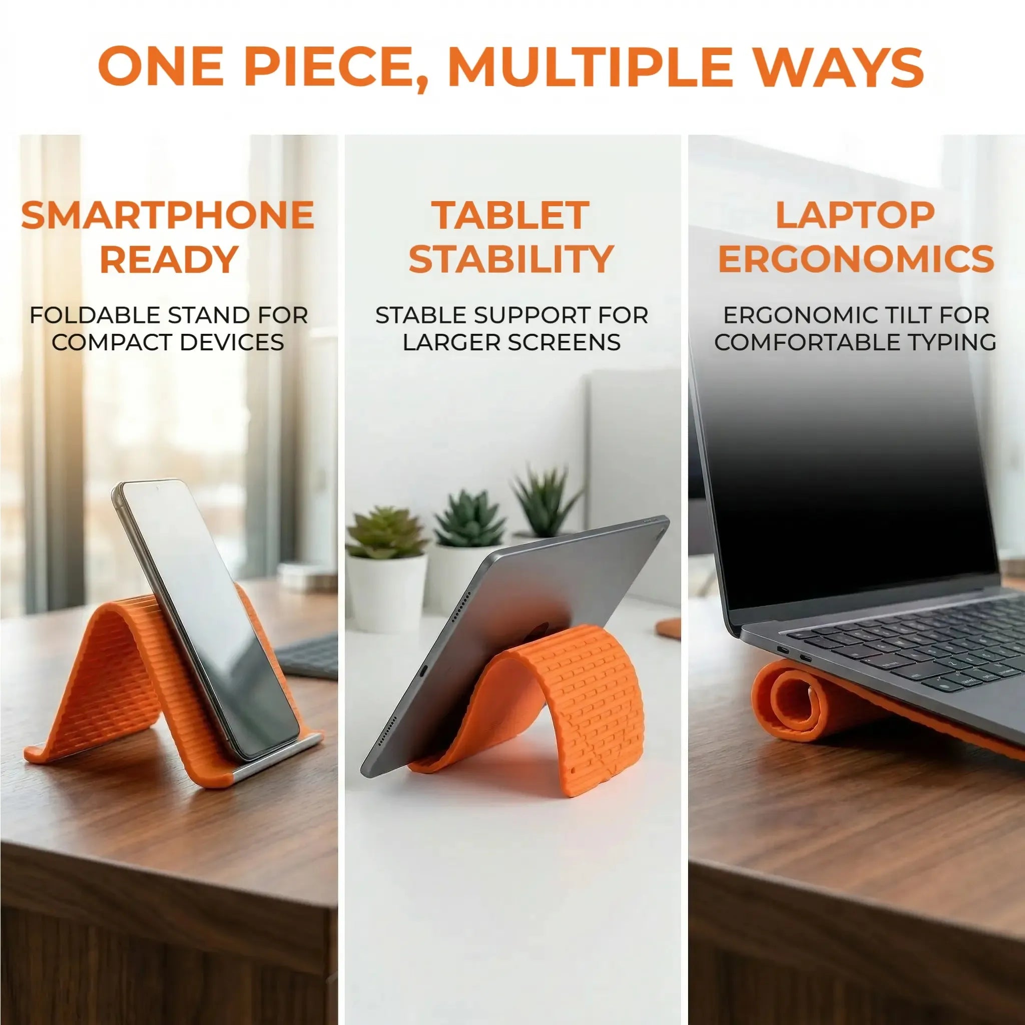 Flexible device stand supporting phone tablet and laptop