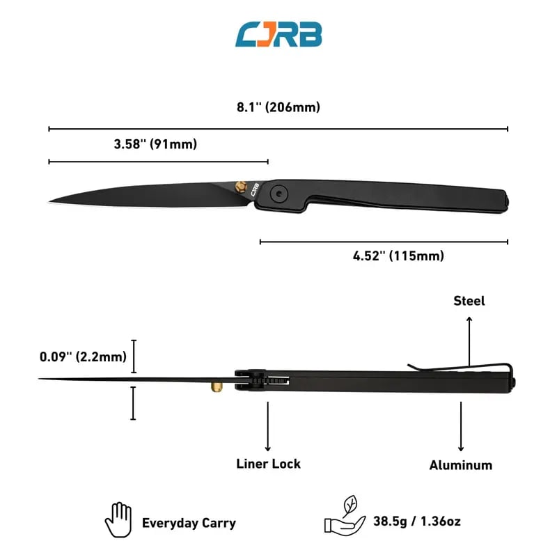 🔥CJRB Lanky 1.36oz Ultra-Light Gentleman's Folder – AR-RPM9 Wharncliffe Blade & Slim Aluminum Design for Elegant Everyday Carry and Outdoor Use.
