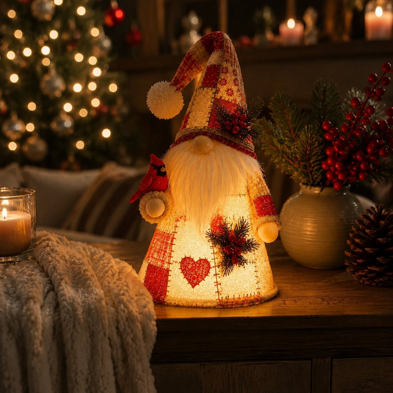 🔥 LAST DAY 49% OFF – 🐦 Patchwork Bird Gnome Light Collection | Warm Glowing Tabletop Decor with Farmhouse Patchwork Details for Mantels, Shelves & Holiday Gifts ✨（副本）