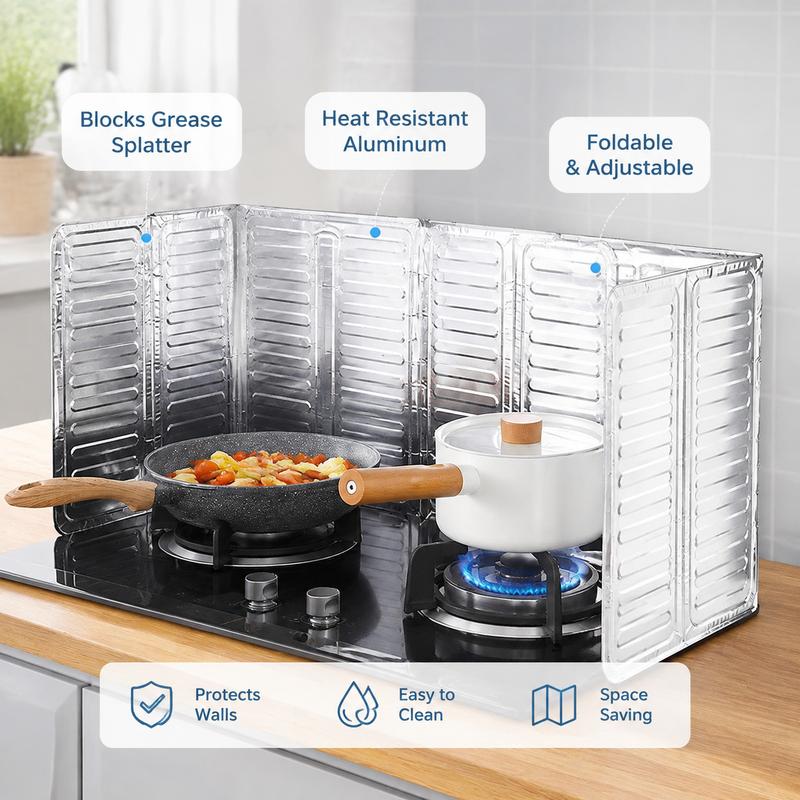 Foldable aluminum foil oil splash guard, heat-insulating and oil-proof baffle, suitable for cooking on household kitchen gas stoves, induction cookers and other cooking applications.