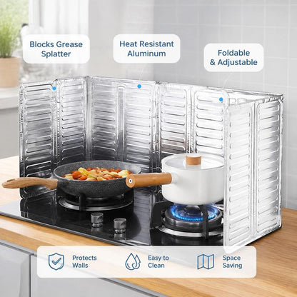 Foldable aluminum foil oil splash guard, heat-insulating and oil-proof baffle, suitable for cooking on household kitchen gas stoves, induction cookers and other cooking applications.