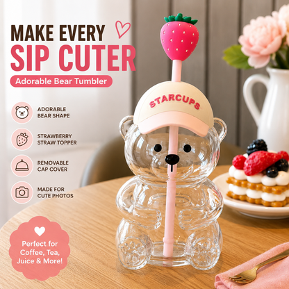2026 New Cute Beaar Glass Tumbler with Bear Lid & Strawberry Straw, Holiday Teddy Bear Cup，20oz Reusable Aesthetic Teddy Bear Cup for Iced Coffee, Boba Milk Tea, Matcha, Juice, Smoothies & Cold Drinks, Dishwasher Safe