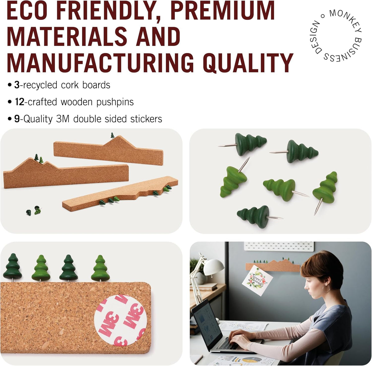 Memo Mountain 3 Cork Board Strips - Corkboard Pin Boards with Mountain Scene Pushpins, Office Accessories, Cute Cork Boards for Walls