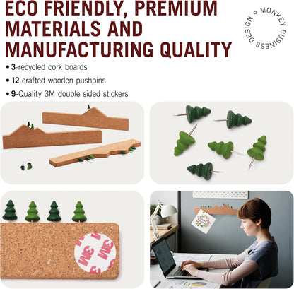 Memo Mountain 3 Cork Board Strips - Corkboard Pin Boards with Mountain Scene Pushpins, Office Accessories, Cute Cork Boards for Walls