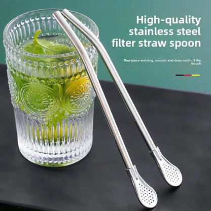 2-in-1 Stainless Steel Straw & Spoon, Reusable Drinking Straw with Stirring Spoon & Filter