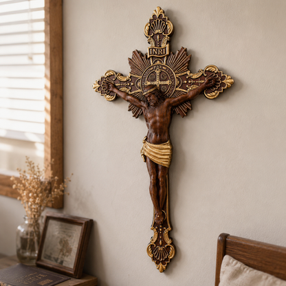 St. Benedict Exorcism Cross wood carved - Bless you and your family - size and finish detail