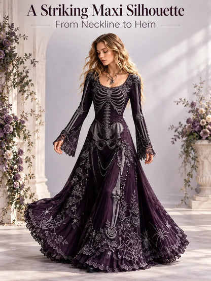 Gothic Skeleton Maxi Dress for Halloween | Bell Sleeve 🕸️