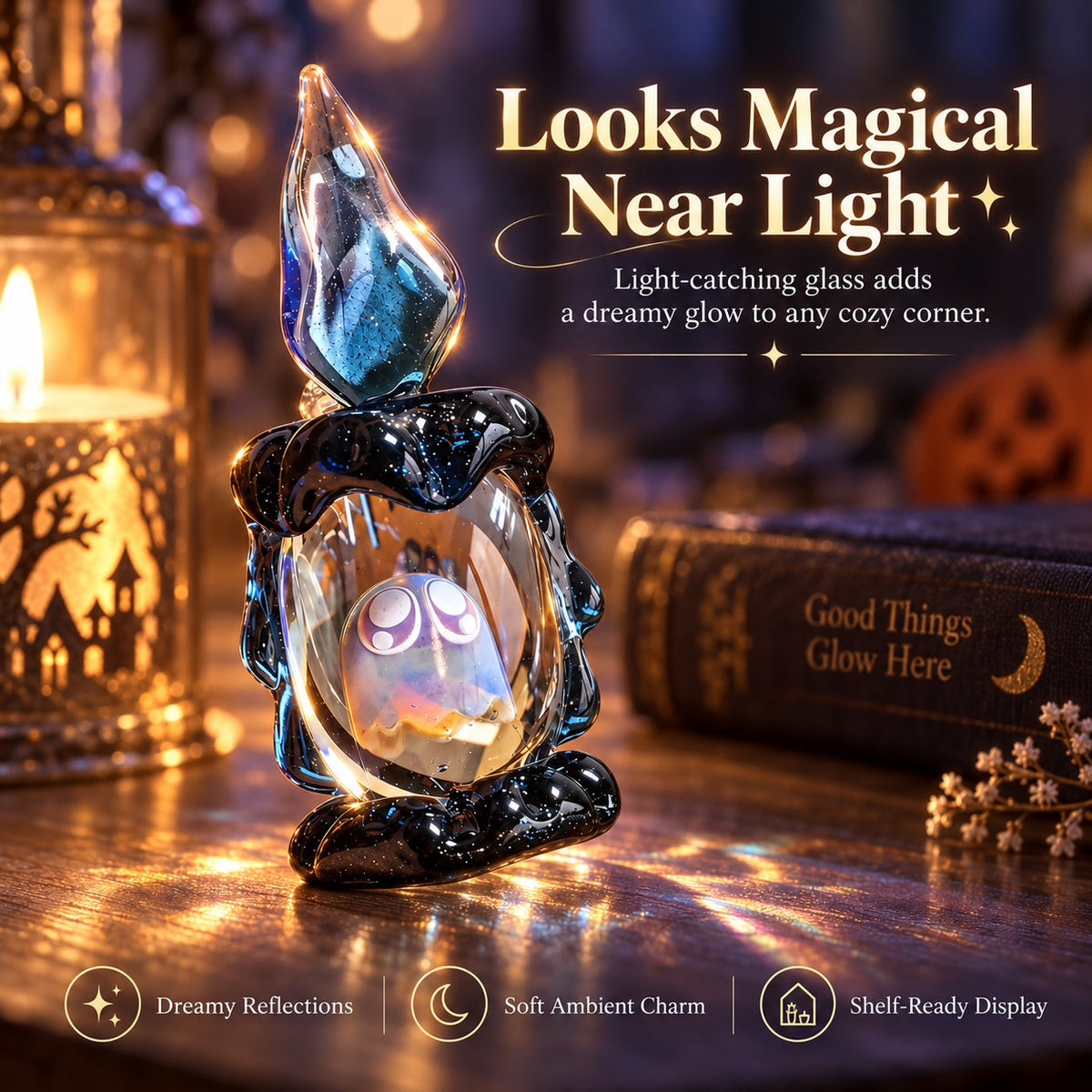 🎃 Ghost Candle Glass Figurine – Handmade Halloween Shelf Décor