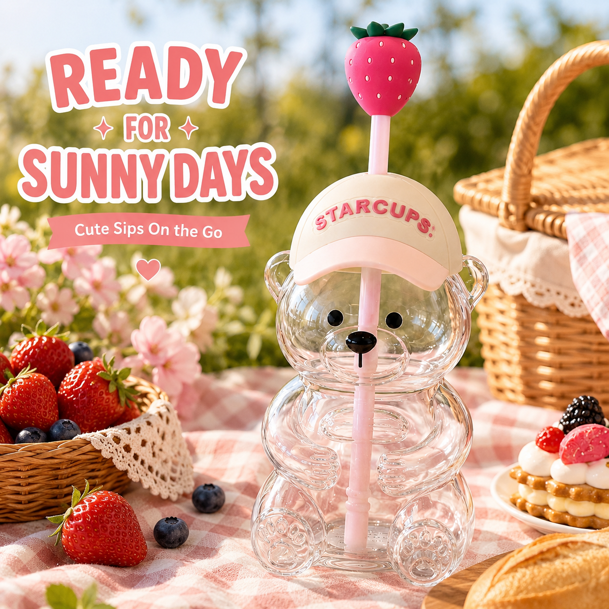 2026 New Cute Beaar Glass Tumbler with Bear Lid & Strawberry Straw, Holiday Teddy Bear Cup，20oz Reusable Aesthetic Teddy Bear Cup for Iced Coffee, Boba Milk Tea, Matcha, Juice, Smoothies & Cold Drinks, Dishwasher Safe