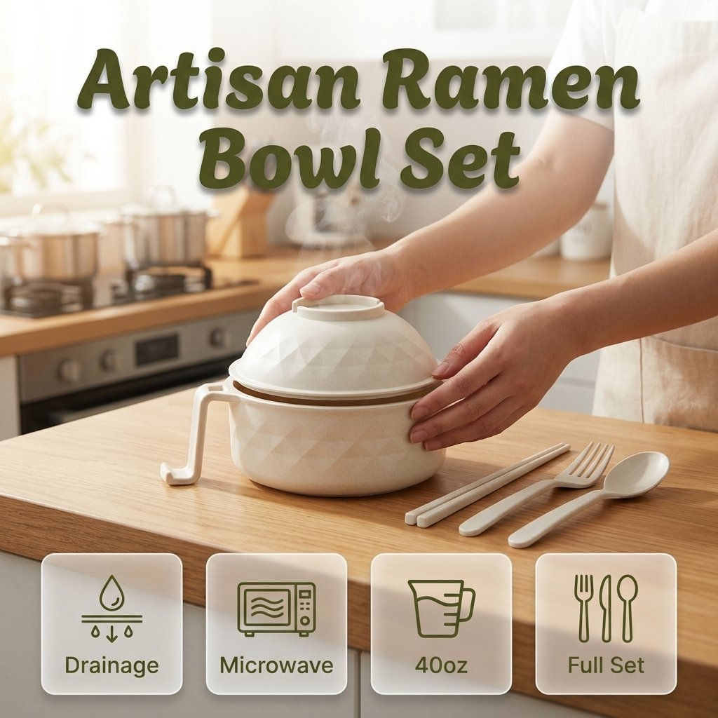 ✨ Stoneware-Inspired Diamond-Faceted Ramen Bowl Set | 40oz Microwave-Safe Ramen Maker with Built-in Drain & Utensils 🍜