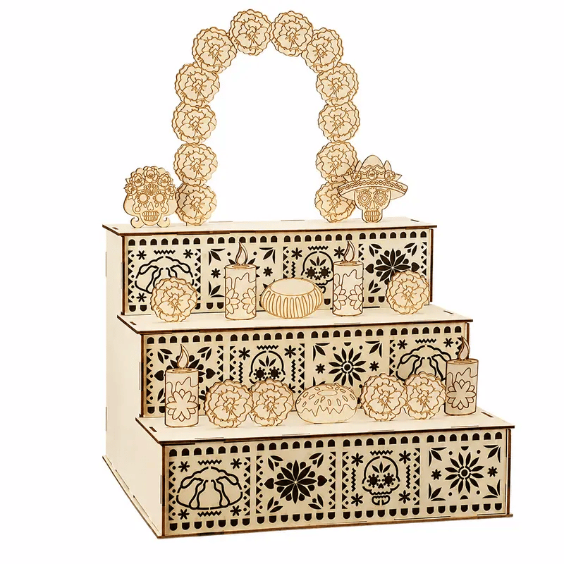 Day of the Dead Wooden Altar Display Set — 3-Tier Ofrenda Centerpiece (Buy 2, Free Shipping)