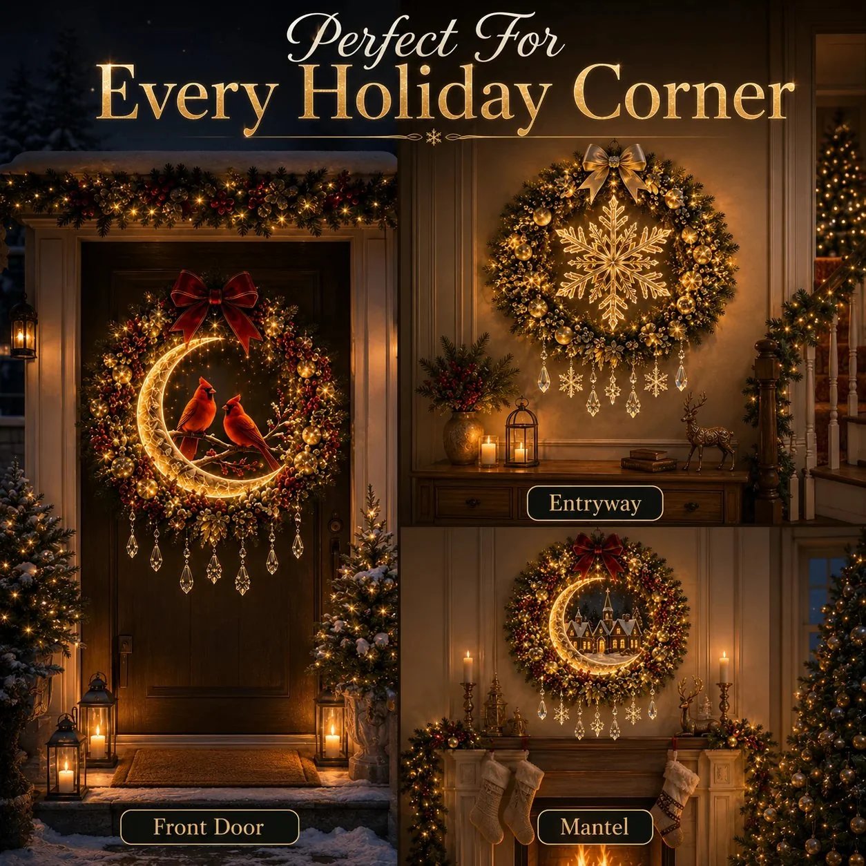✨ Christmas Moonlight Wreath Collection – Lighted Holiday Door Decor