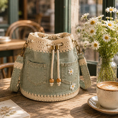🔥 Top Back-to-School Picks - 👜 Denim Crochet Bucket Bag