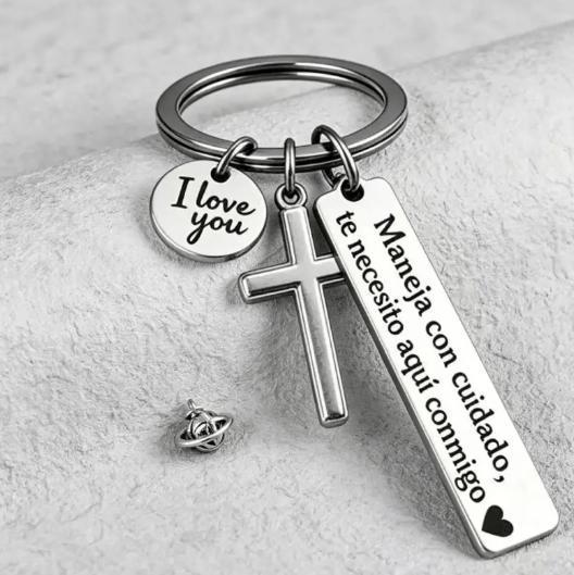 Keychain with Cross and "I Love You" Charm – Stainless Steel "Drive Safely" Ring (Spanish Inscription)