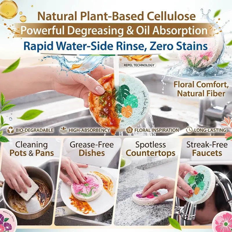 Natural Wood Pulp Floral Dish Sponge 🌱 | Eco-Friendly Kitchen Cleaning Essential 🧽
