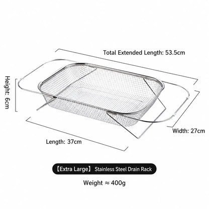 Stainless Steel Over-The-Sink Colander Strainer Basket, Expandable Rectangle Fine Mesh Kitchen Utensils with Handles, Silver Kitchen Essential